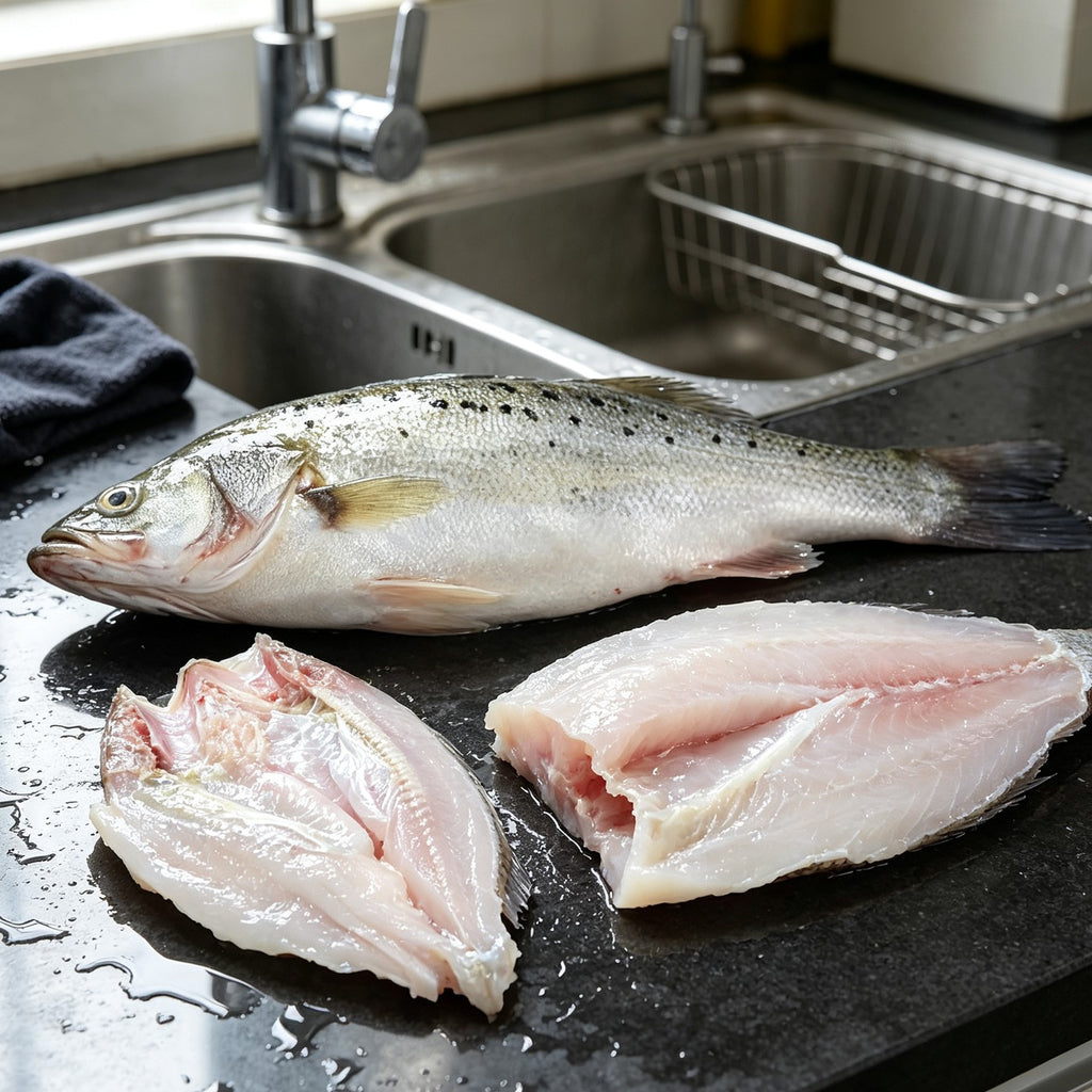 Whole sea bass beside two white fish fillets on a slate tray