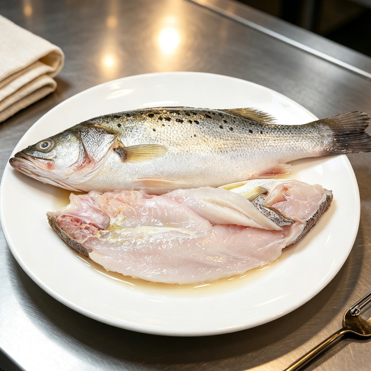 Plated whole fish and a boneless fillet with lemon