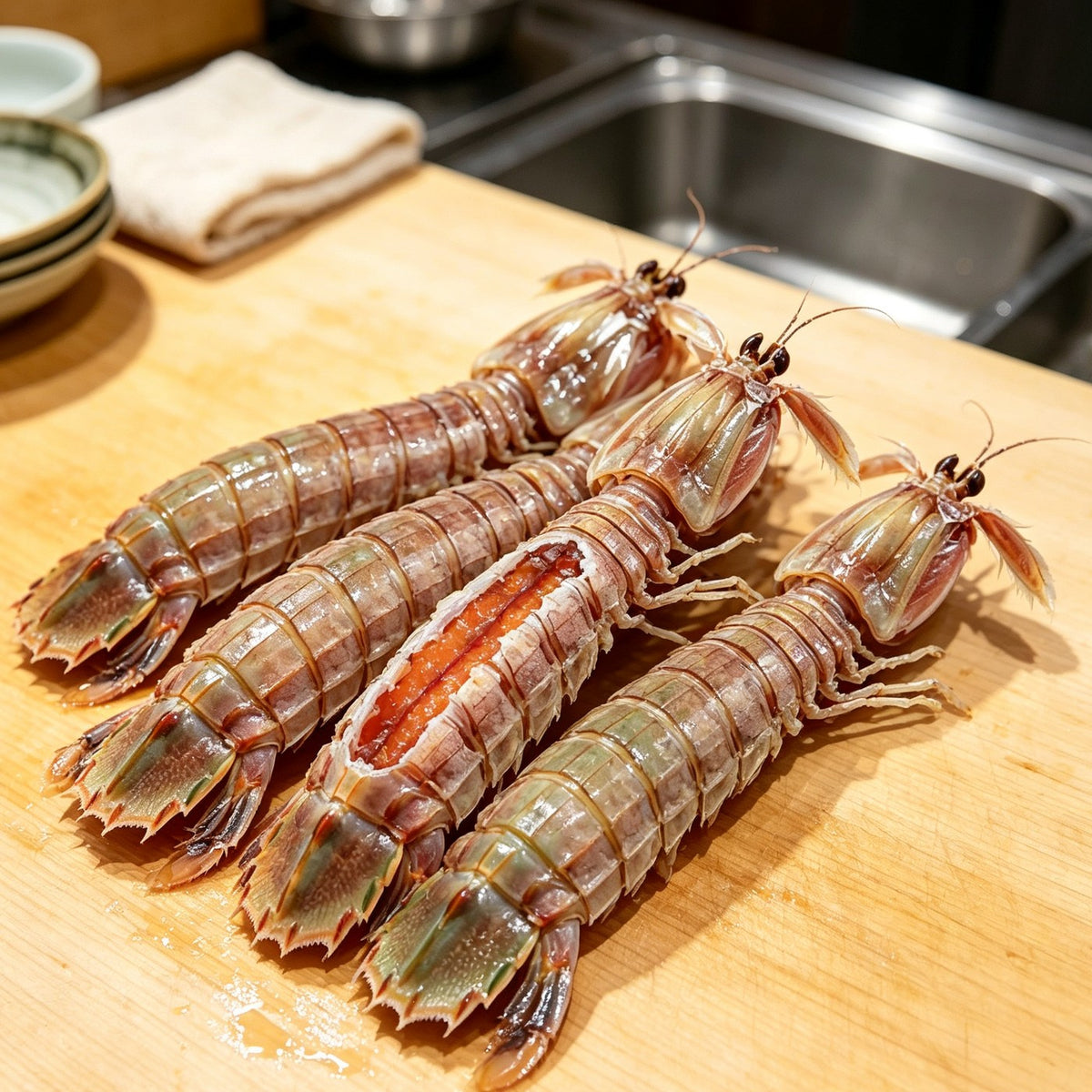 Raw mantis shrimp lined up on a wooden board