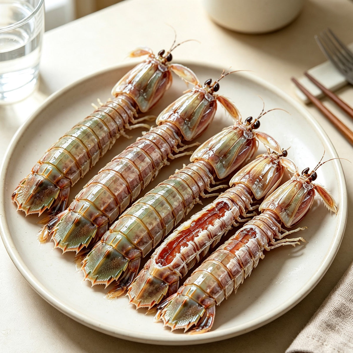 Five banded mantis shrimp arranged on a white plate