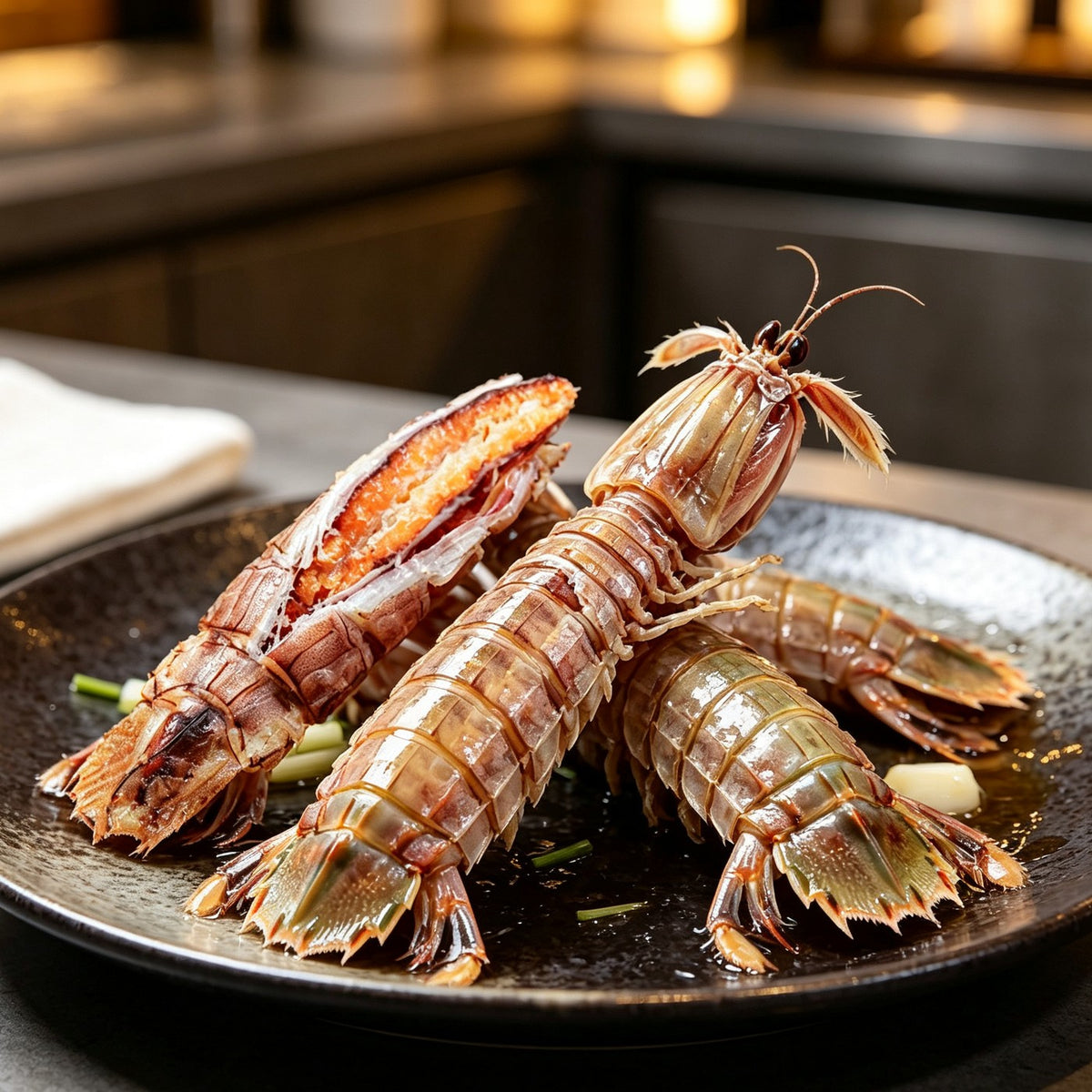 Cooked mantis shrimp glazed in a dark savoury sauce