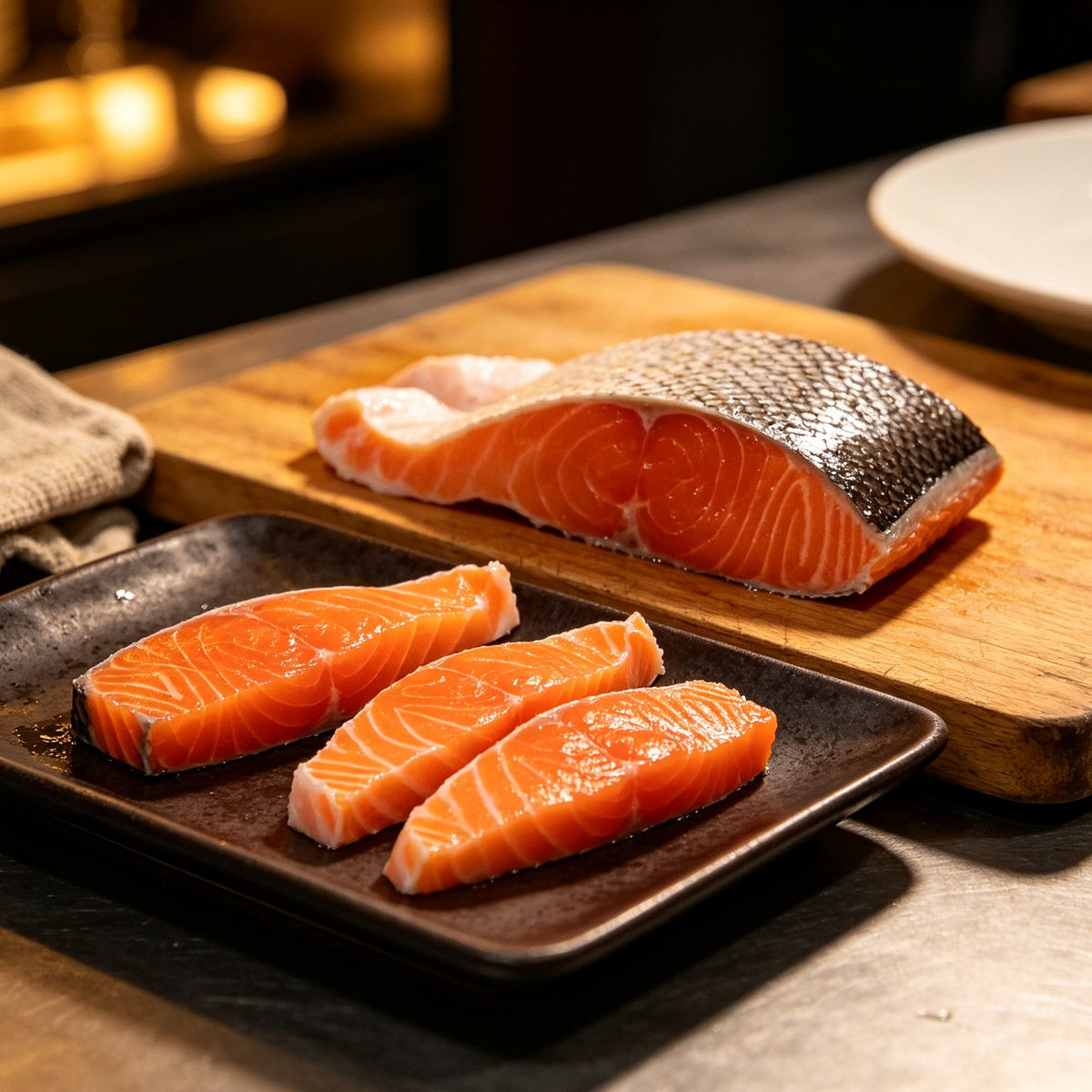 Salmon steak and sashimi slices on a wooden board