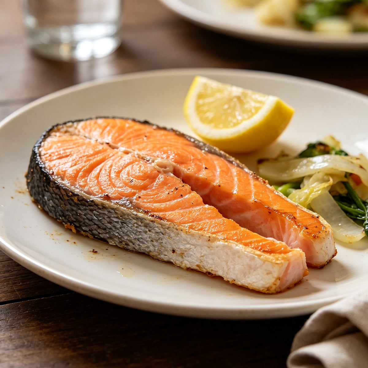 Seared salmon steak plated with lemon and greens