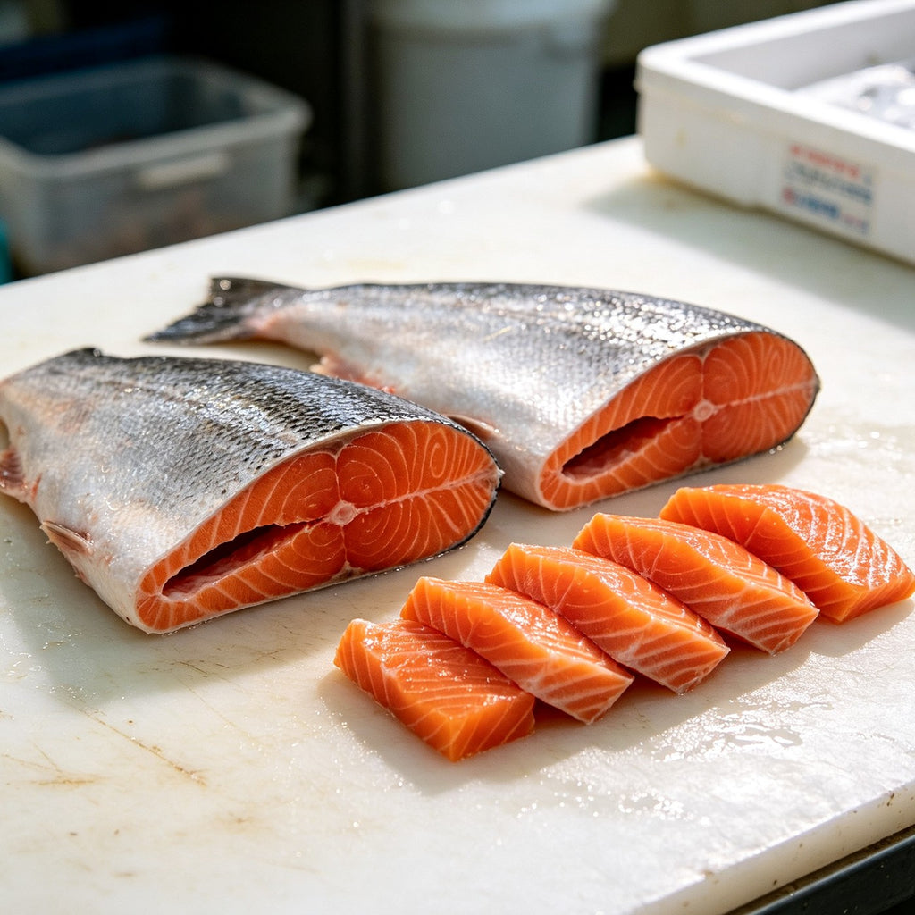 Salmon steak with sliced portions on a cutting board