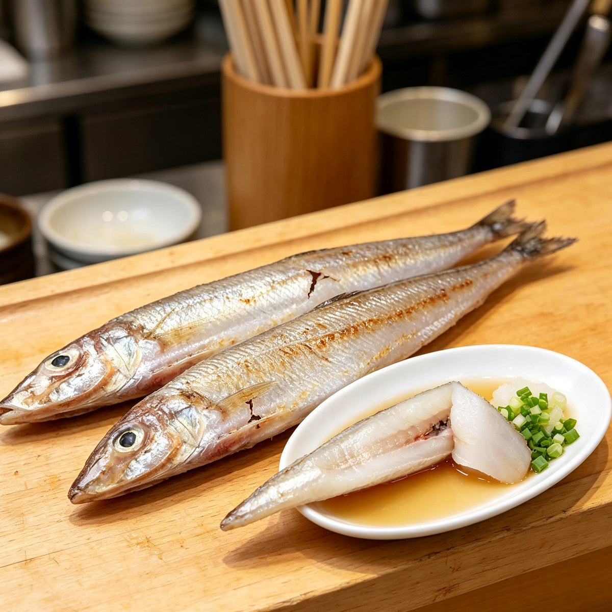 Grilled sea smelt on a wooden board with dipping sauce