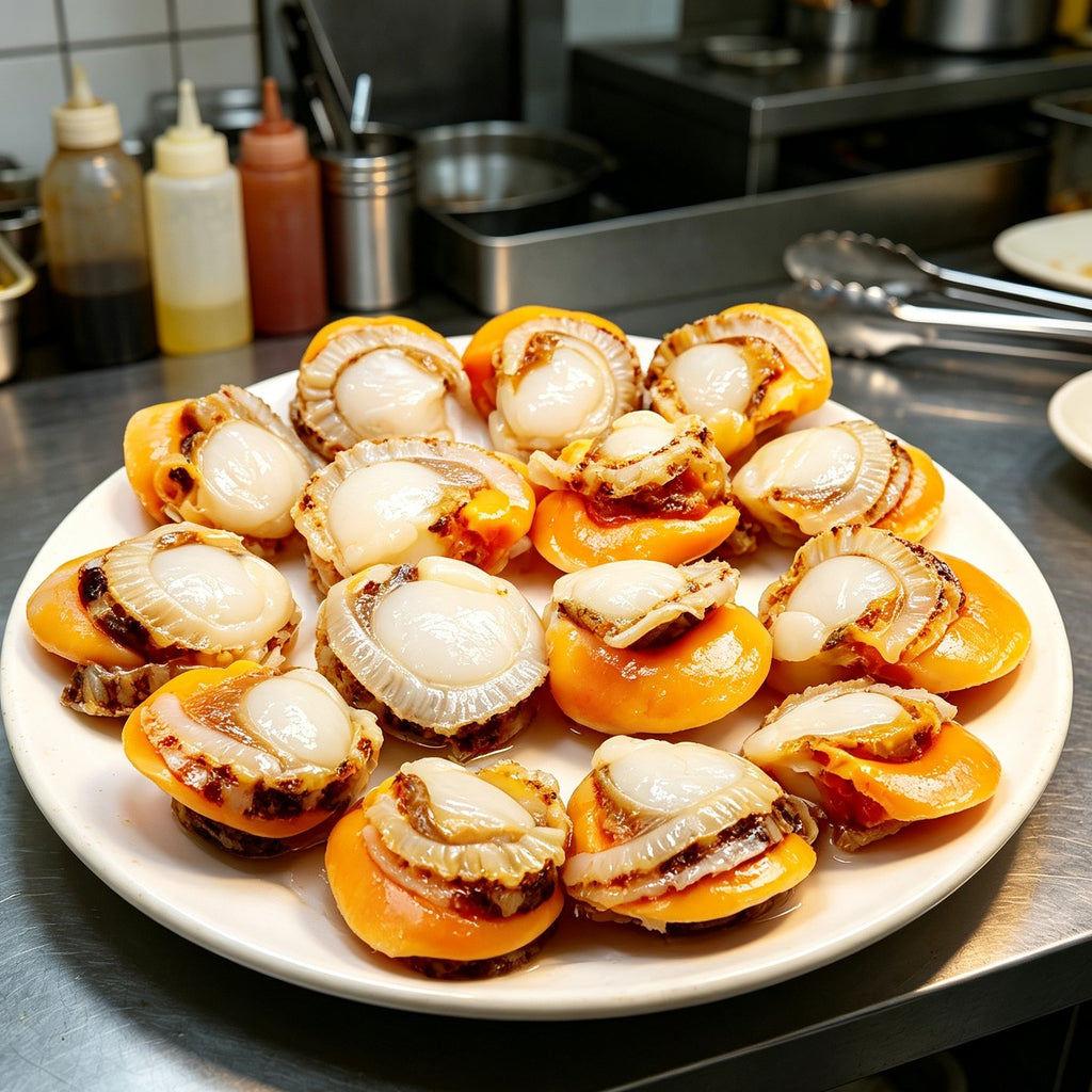 Half-shell scallops with bright orange roe on a white plate