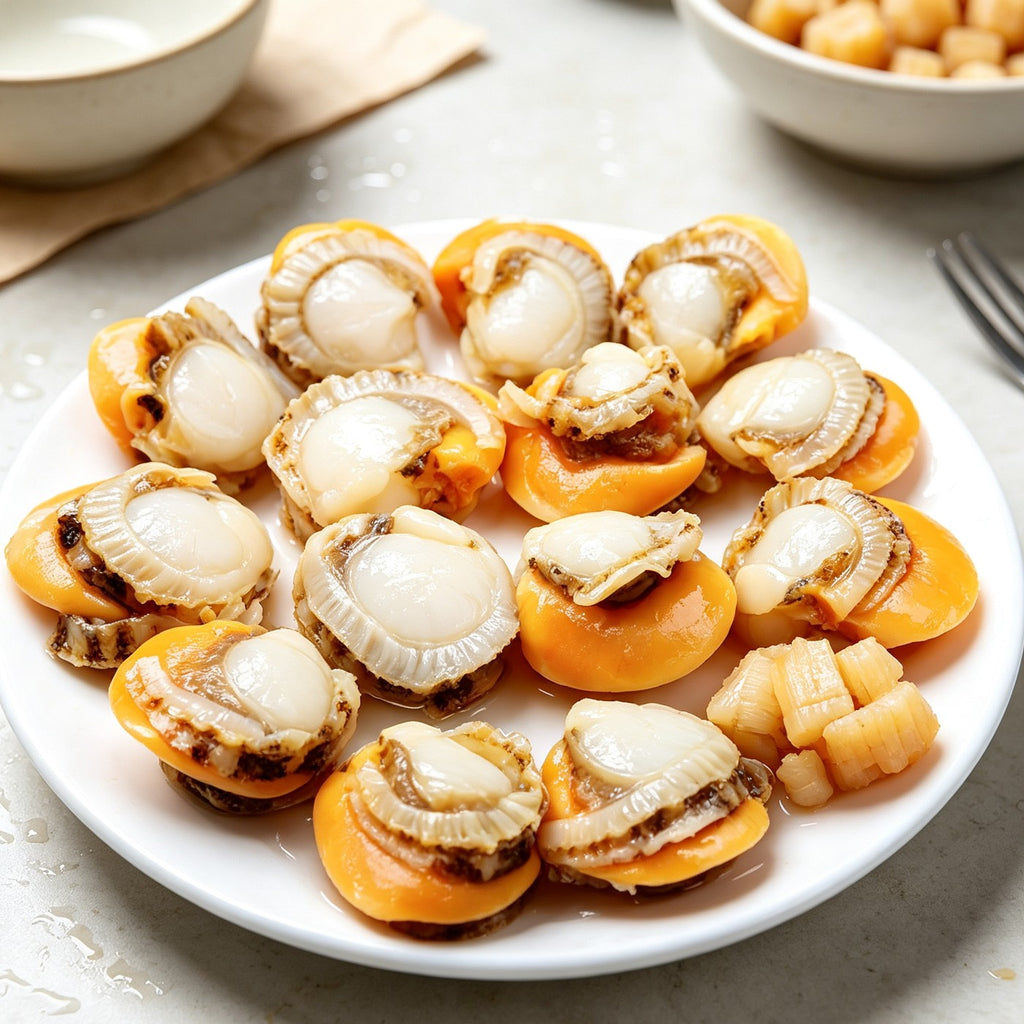 Plump scallops in their shells arranged on a plate