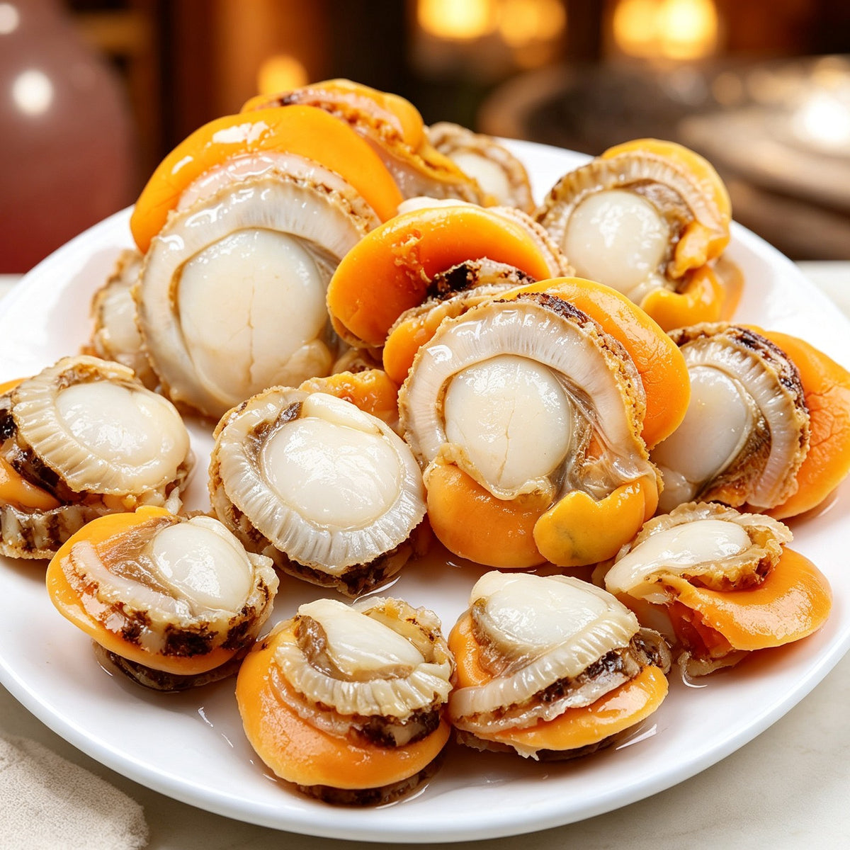 Close view of half-shell scallops with coral roe