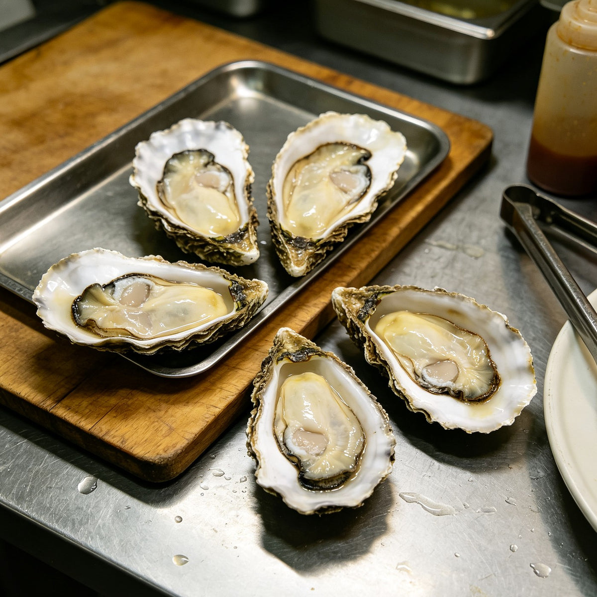 Shucked oysters on a metal tray with lemon beside them