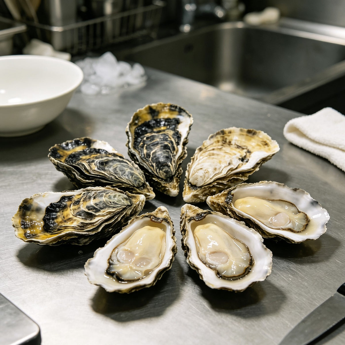 Seven oysters arranged on the half shell on steel