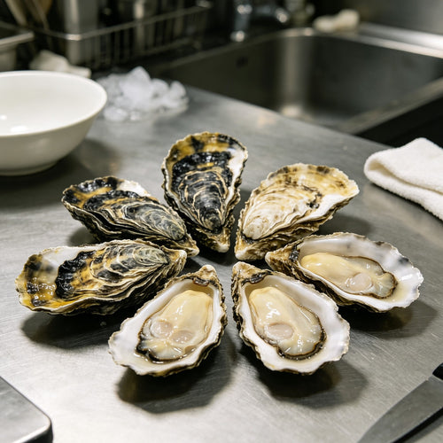 Seven oysters arranged on the half shell on steel