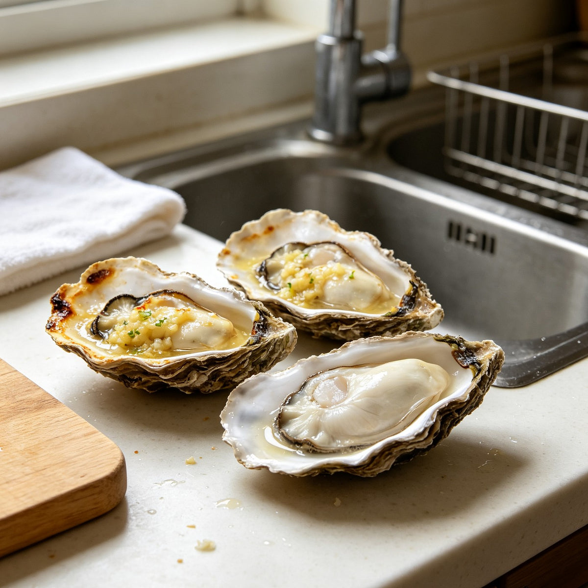 Oysters topped with garlic butter next to a sink