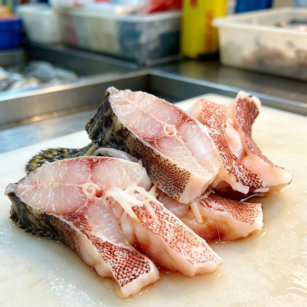 Grouper fillets with speckled skin laid on a board