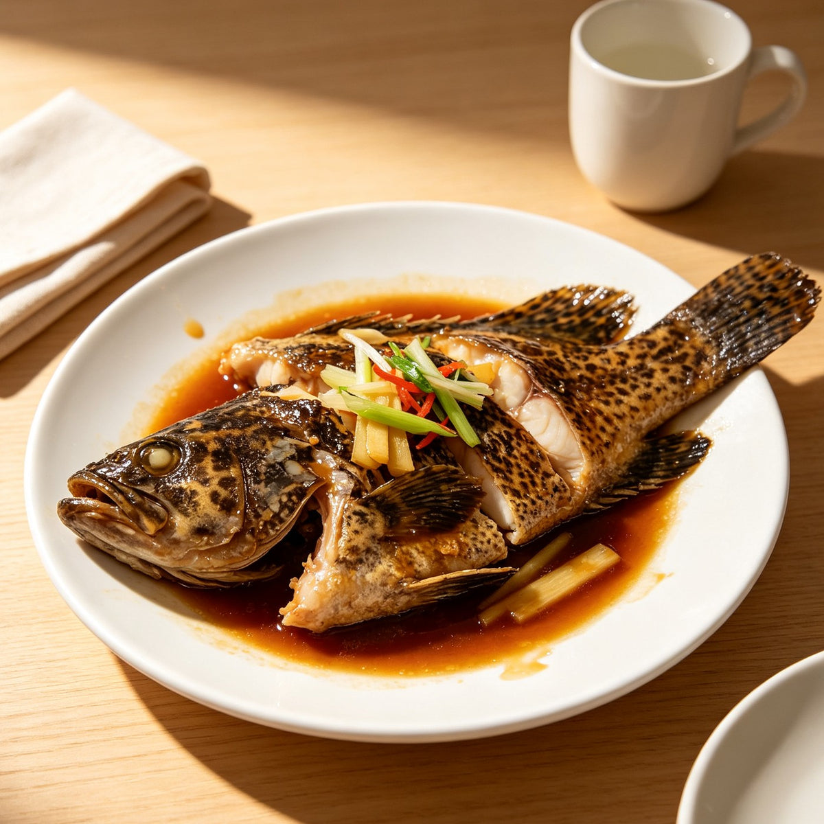 Whole steamed grouper in a soy dressing on a plate